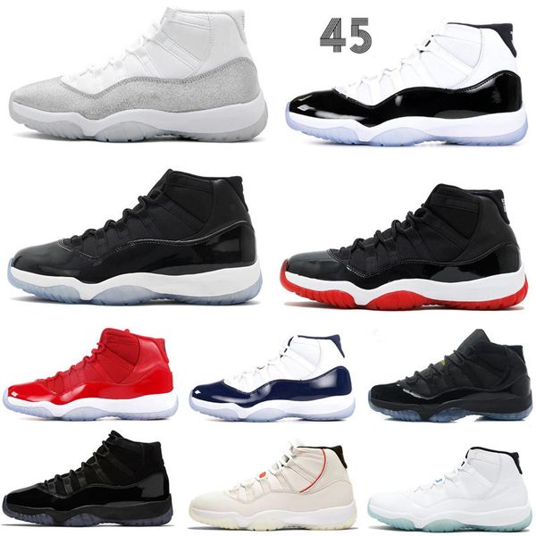 

11s bred metallic silver concord basketball shoes 11 space jam cap and gown gym red men women sneakers sports shoes size 7 - 13
