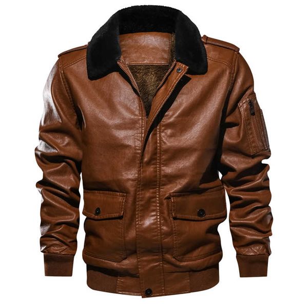 

winter motorcycle warm leather jacket men casual fur collar thicken faux leather fleece coats pilot bomber jacket euro size xxl, Black