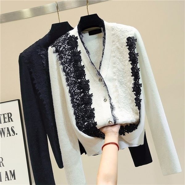 

sweater women autumn and winter new arrival lace floral patchwork cardigan women long sleeve v-neck black white 201128, White;black