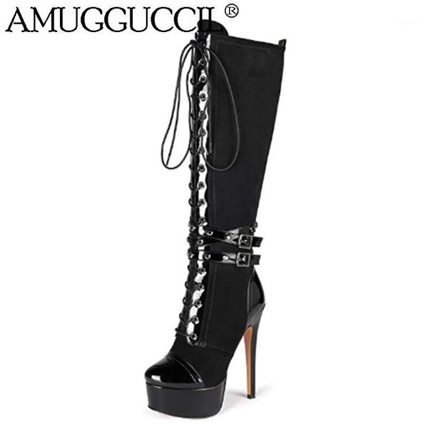 

customize plus big size 36-52 black win- red lace up buckle knee high heel platform autumn winter lady female women boots x20141