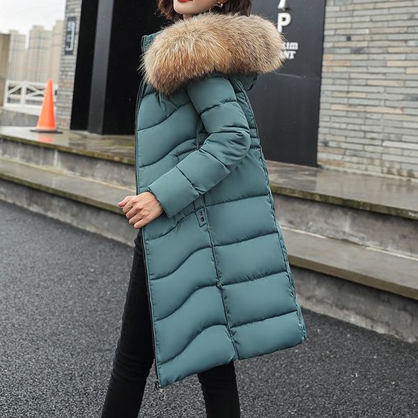 

winter long coat women plus size fashion hooded fur collar parkas korean cotton padded jacket warm outwear 201125, Black