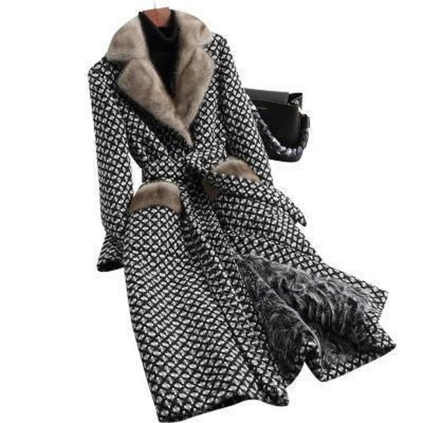 

women wool blends coat plaid double breasted x long jacket plus size 5xl office lady winter warm fur collar coats female wh353 c1115, Black
