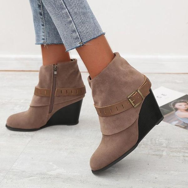 

women buckle ankle boots big size 43 women's fashion wedges woman casual zip pumps female footwear ladies comfortable shoes, Black