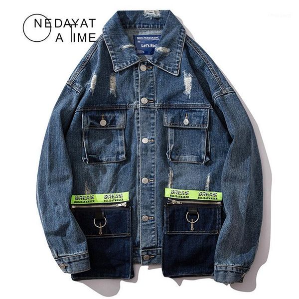 

streetwear denim jackets multi-pocket ripped holes vintage jacket coat hip hop jeans coat long sleeve fashion casual jacket men1, Black;brown