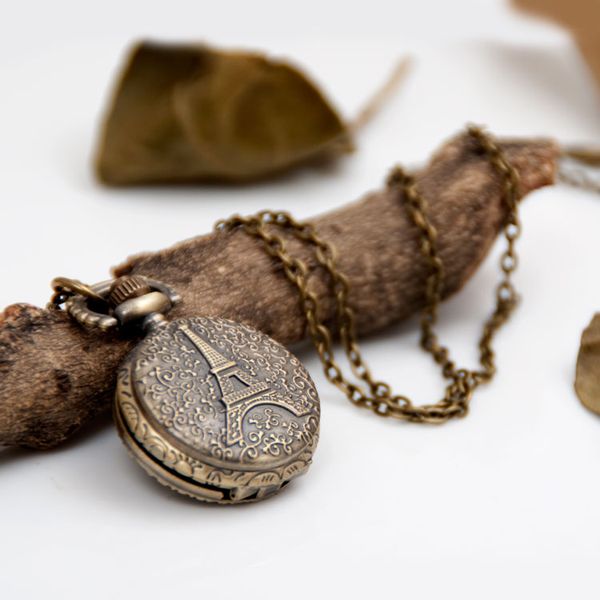 

new small hollow iron tower pocket watch quartz movement 27mm necklace retro accessories wholesale korean edition sweater chain fashion watc, Slivery;golden