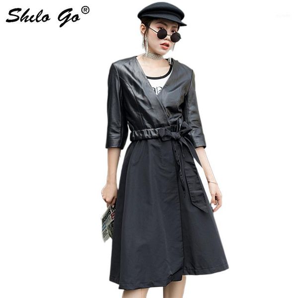 

genuine leather trench elegant v neck wrap belted half sleeve long coat women autumn office lady fit and flare a line outwear1, Tan;black