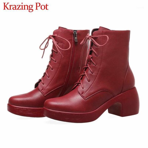 

krazing pot genuine leather thick bottom british lace up round toe high heels side zip women warm ankle boots l331, Black