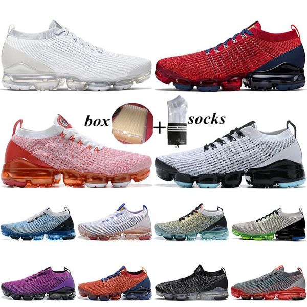 

with box fly 3.0 cushion running shoes men women triple black deep royal volt vivid purple usa trainers sports runner knitting sneakers, White;red