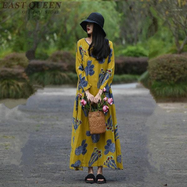

summer and spring vintage women long dress full sleeve loose print floral embroidery plus size beach dresses female 3195 f1, Red