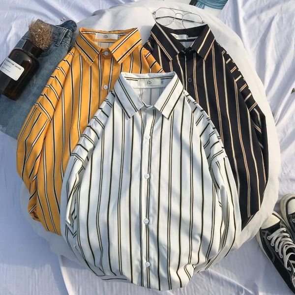 

yasuguoji new 2020 summer japanese loose three-quarter sleeve mens shirts fashion contrast color vertical striped shirts for men1, White;black