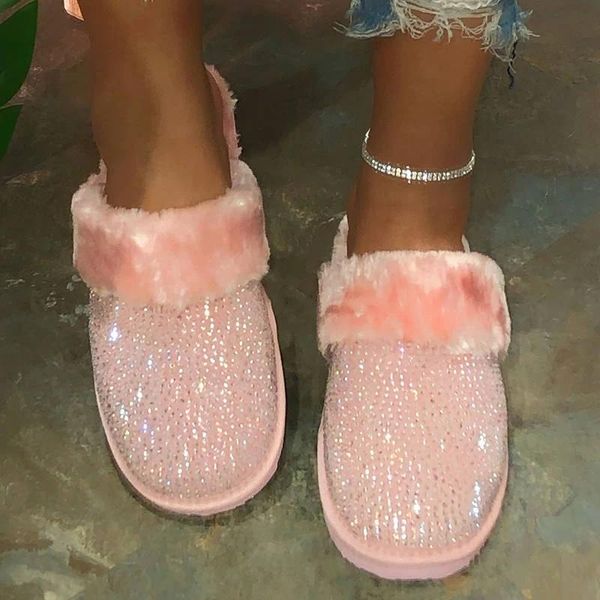

winter slippers women home shoes fur slides warm furry slippers female rhinestone plush indoor shoes flip flops zapatilla mujer, Black