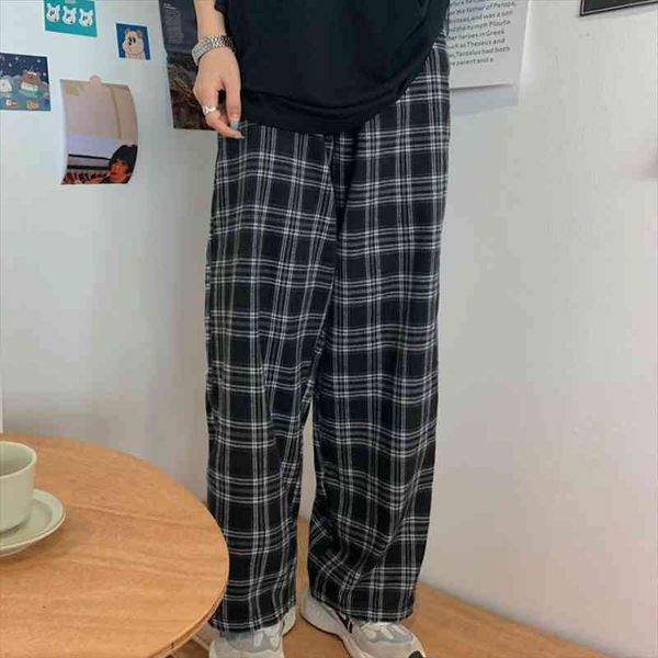 

black women plaid pants casual oversize loose wide leg trouser retro teens harajuku plus size hip-hop all-match streetwear, Black;white