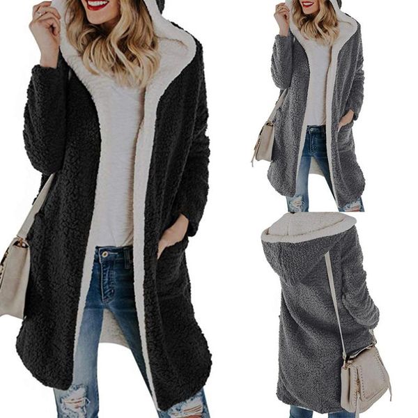 

womens winter outwear warm fleece hooded with pockets open front cardigan casual coat and jacket 40h, Black;brown