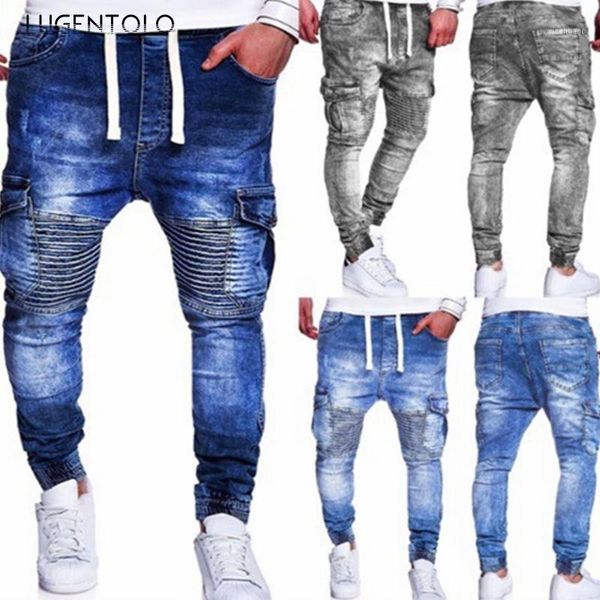 

lugentolo mens jeans autumn simple fashion casual multi-pocket taper light washed mid waist pleated pencil pants1, Blue