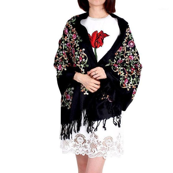 

2020 winter cashmere scarf for women vintage embroidery thicking warm shawl scarves daily wear floral1, Blue;gray