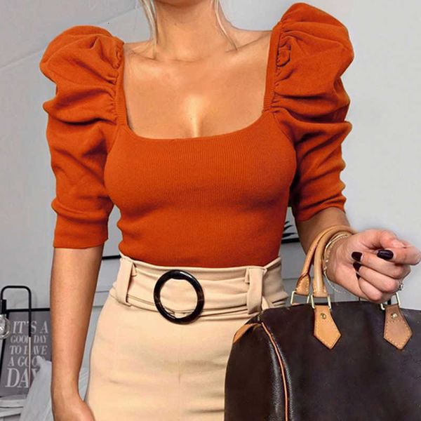 

new women's basic solid color five-point t-shirt fashion bubble sleeve square collar spot ladies, White