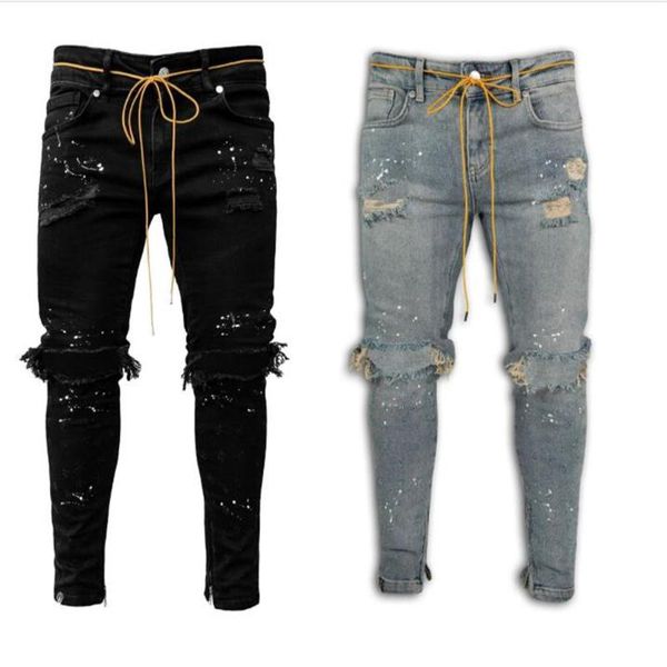 

new men/youth cotton mid waist broken hole water washing small foot pencil jeans streetwear vintage hip hop skinny cowboy pants, Blue