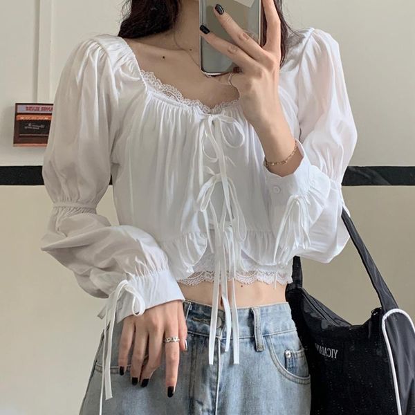 

french vintage blouse women puff sleeve v-neck female clothing fashion korean style drawstring women shirts 2021 chiffon blouses, White