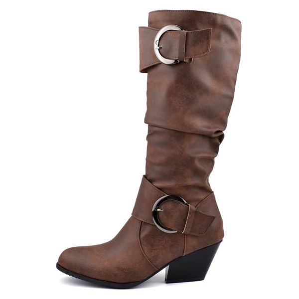 Venda Quente-Meotina Outono Joelho Alta Botas Mulheres Plissadas Spike Salto Botas Long Botas Buckle Ponto Pessoa Sapatos Feminino Inverno Preto Plus Tamanho 34-46