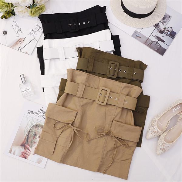 

womens skirt 2019 summer new double pocket strap high waist student edition wild a word short skirt, Black
