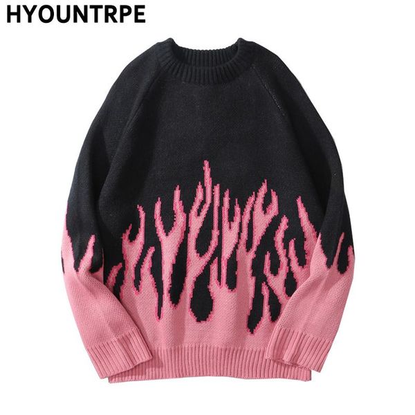 

hip hop mens streetwear harajuku knitted sweater fire flame autumn winter new o-neck sweater pullover loose retro vintage cotton, White;black