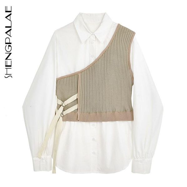 

shengpalae 2021 new fashion women shirt female long sleeve casual turn down collar womens loose hit color blouse za5757, White
