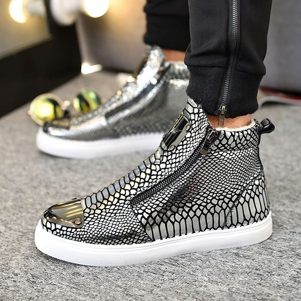 

winter shoes men fashion bling high zipper men sneakers height increasing pu leather fur lined cotton men shoes size 39-44