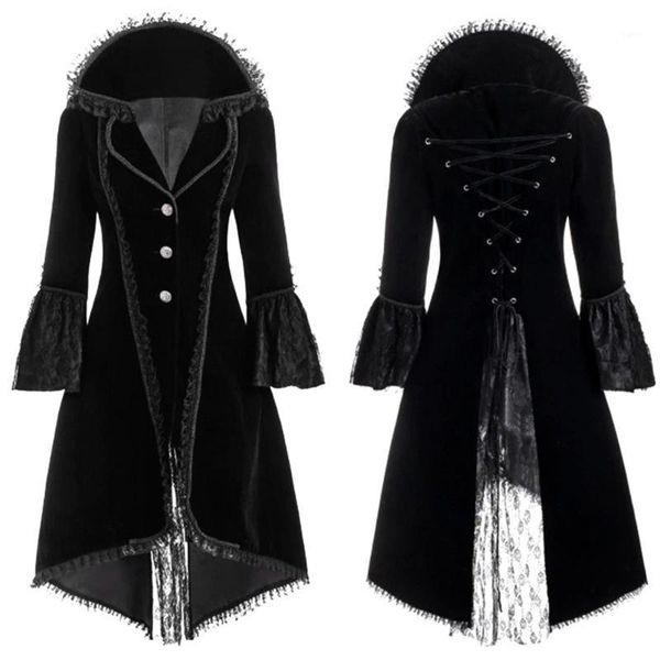 

women vintage long-sleeved waist back bandage lace stitching jacket overcoat dropshipping fashion size leisure usa eu, Black