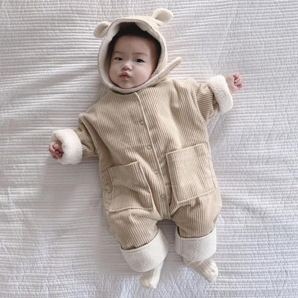 

2021 new winter boys jumpsuits corduroy infant girls rompers outfits thicken lining baby snowsuit with hat hg98, Blue