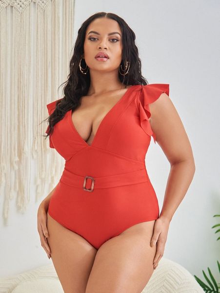 

plus solid ruffle sleeve one piece swimsuit g2eg#, Black