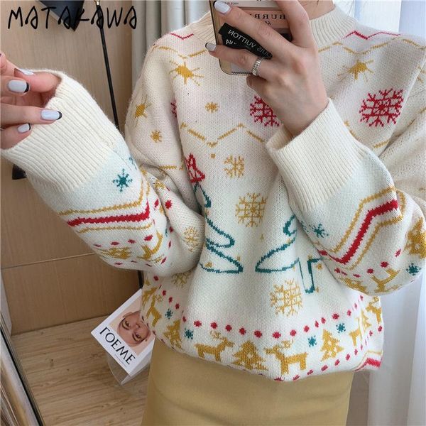 

women's sweaters matakawa cute christmas sweater women korean loose woman pullovers snowflake jacquard o-neck sweet for, White;black