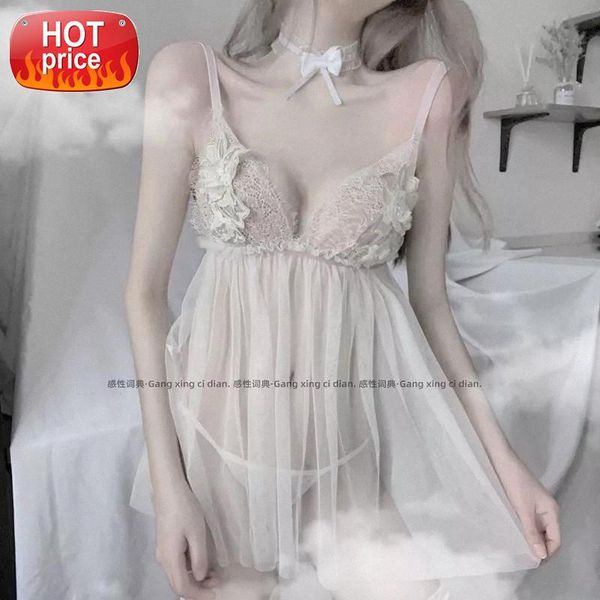 

lingerie mesh lace nightdress sling deep v female back split lace home dress sleepwear pijamas women sleep wear #sc4u, Black;white
