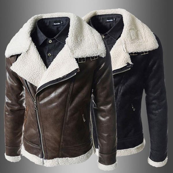 

men lamb wool pu jackets korean style men's slim large collar leather jacket fashion outerwear winter streetwear, Black;brown