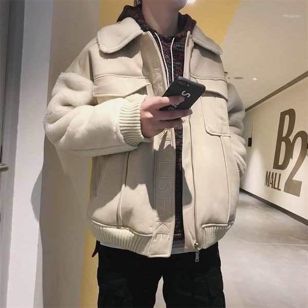 

2020 winter new fashion handsome men's lamb fur slim cotton coat plus velvet thick coat1, Black