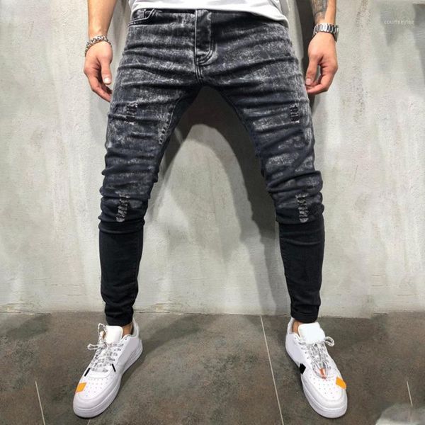 

men zipper slim denim pant leisure mid waist pencil pants hole solid straight trousers cargo pants fit man elastic ripped jeans1, Blue