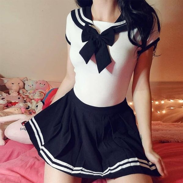 

navy collar bow tie bottoming short sleeve jumpsuit women, Black;white