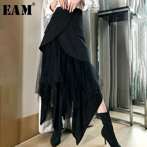 

[eam] new spring high waist black irreular mesh split joint loose half-body skirt women fashion tide all-match jk098 201109