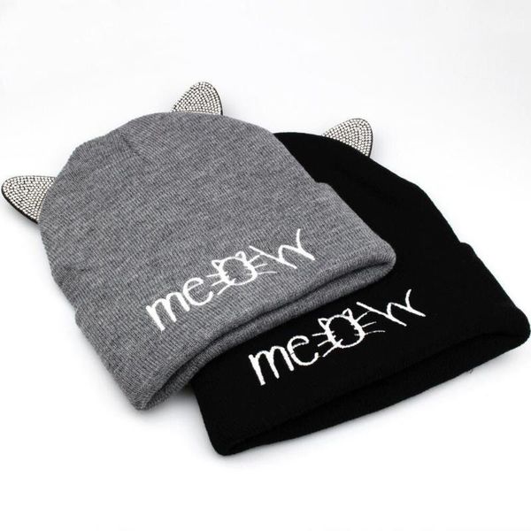 

2020 new women stone beanie girls knit warm black heather grey winter hat cute cat ears letter embroidery beanie1, Blue;gray
