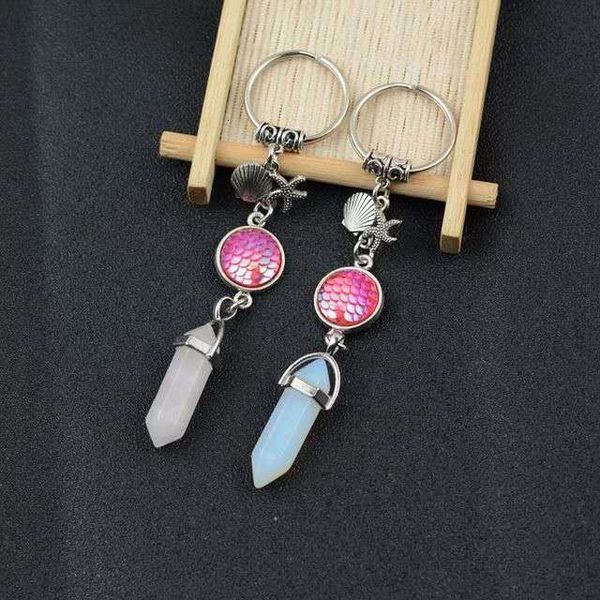

natural stone hexagon prism mermaid key fashion rings starfish fish scale charms keychain jewelry for women zdl1005, Silver