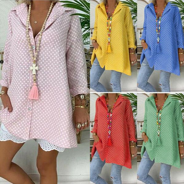 

new fashion ladies women polka dot v neck blouse long sleeve shirt casual loose outfit clothes plus size, White