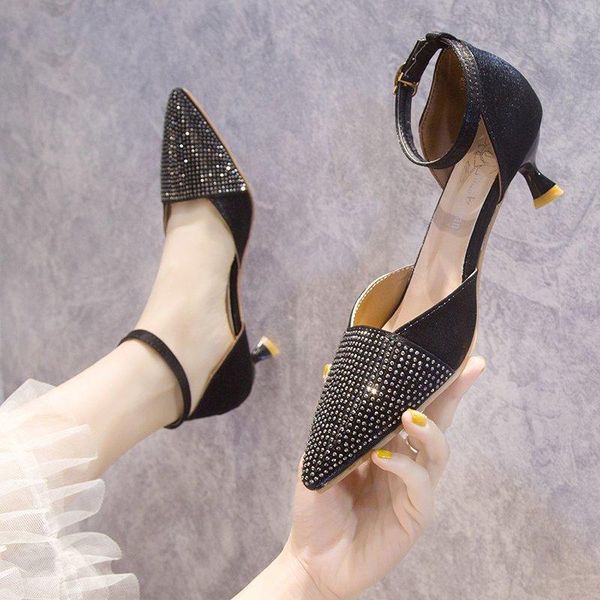 

spring new pointed toe baotou 2021 women's shoes sandals female fine heel high heels party word buckle sandals female wild shoes, Black