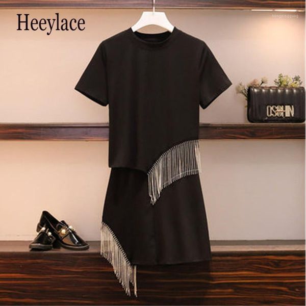 

plus size rhinestone sequined tassel two piece set women solid black tshirt and mini short skirt set fashion women clothes1, White