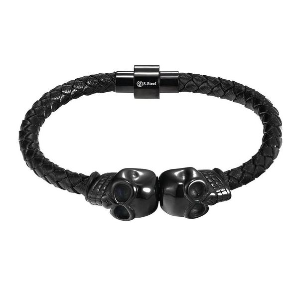 

livvy fashion jewelry 2017 punk genuine stainless steel leather bracelet for man double skull bracelet with magnetic claps jllnnb