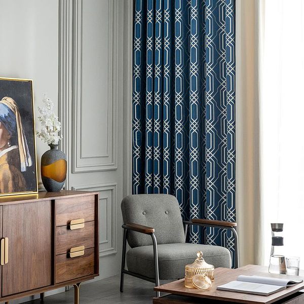 

custom curtain nordic modern simplicity livingroom splicing blue geometry weave shading bedroom blackout curtain drape m924