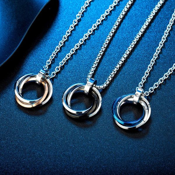 

fashion tricyclic circle pendant men's necklaces stainless steel blue rose gold silver color long o chain 24inch male jewelry