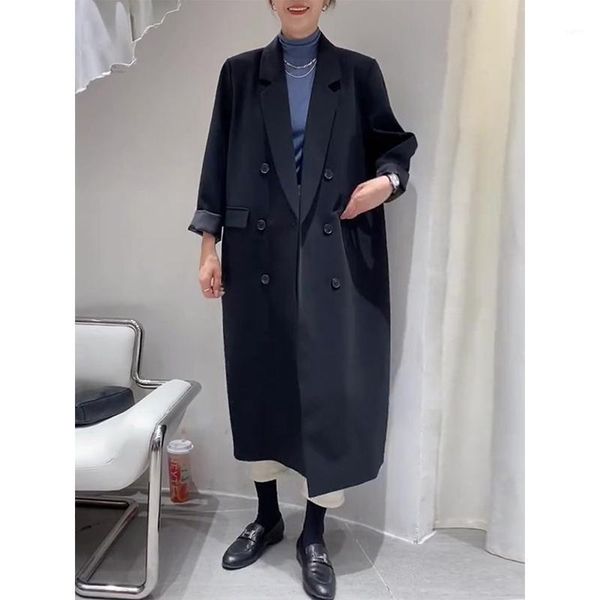 

nanmu spring autumn women's korean double breasted medium length loose straight tube with belt suit coat fashion overcoat1, White;black