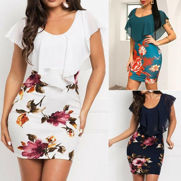 

summer boho style women v neck draped ruffles vintage mini dress short sleeve floral print bodycon party midi dresses, Black;gray