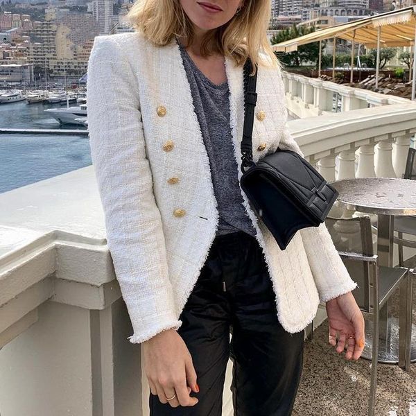 

white tweed blazer women 2020 autumn winter blazer jacket v neck double breasted button coat fashion chic tassel1, White;black