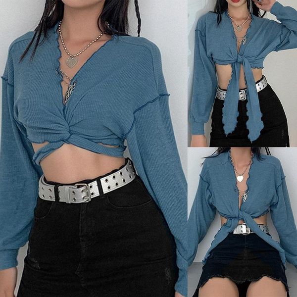 

women's t-shirt bowknot deep v long-sleeved cardigan crop in spring and autumn, White