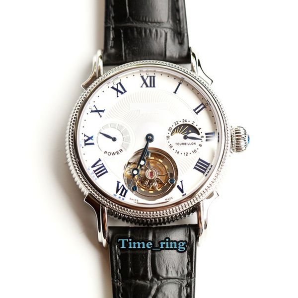 

version 5002p moon phase dial silver steel case true tourbillon a utomatic mechanical movement men's watch leather strap brand watches, Slivery;brown